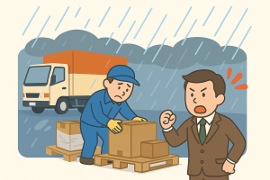 雨に濡れた荷物を前に困る物流現場のイメージ